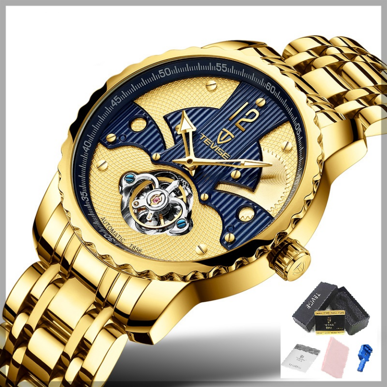 560562278-1.png TEVISE Herrenuhr Automatikuhr Mechanische Uhr Automatik Gold Edelstahl Band – Bild 1