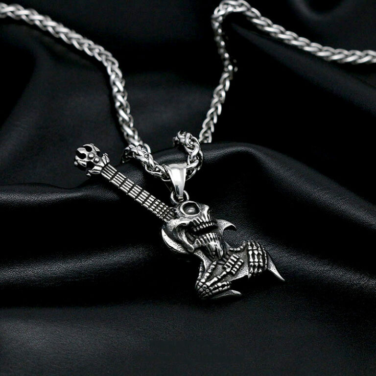 Punk Gothic Skull Electric Guitar Pendant Necklace For Men Fashion 316L Stainless Steel Hip Hop Skull Necklace – Bild 4