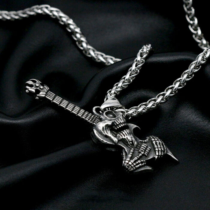 Punk Gothic Skull Electric Guitar Pendant Necklace For Men Fashion 316L Stainless Steel Hip Hop Skull Necklace – Bild 2