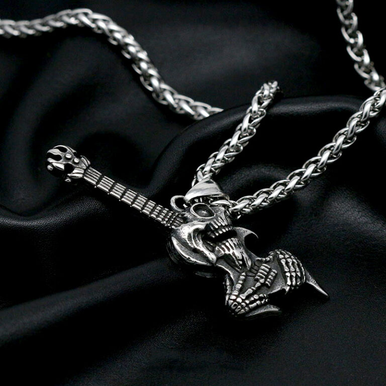 Punk Gothic Skull Electric Guitar Pendant Necklace For Men Fashion 316L Stainless Steel Hip Hop Skull Necklace – Bild 2