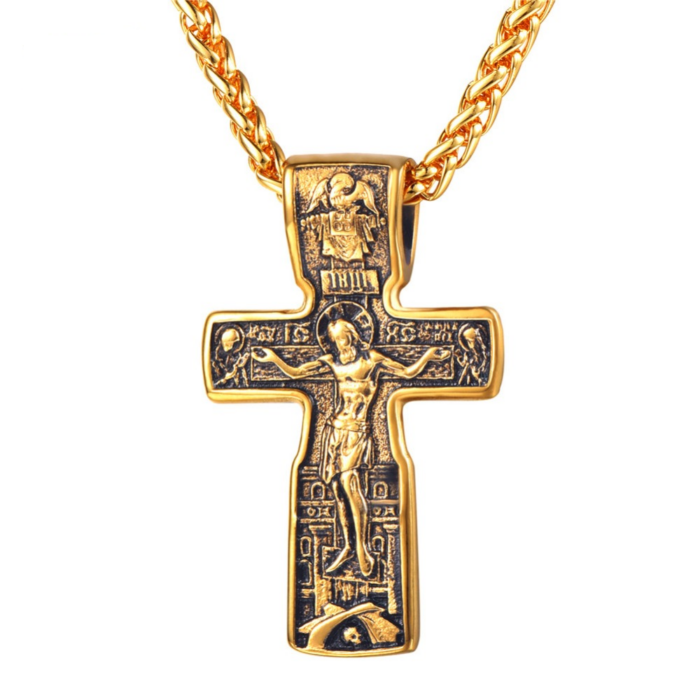 Kruzifix Jesus Kreuz Anhänger & Halsketten Gold Farbe Edelstahl Kette Vintage Katholischen Kirche Religiöse Männer Schmuck – Bild 1