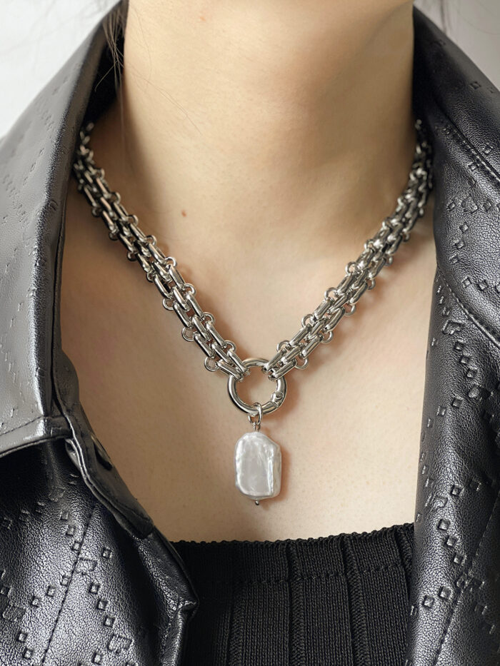 Peri'sBox Large Square Natural Freshwater Pearl Pendant Chunky Chain Necklace for Women Vintage Elegant Baroque Pearls Necklaces – Bild 3