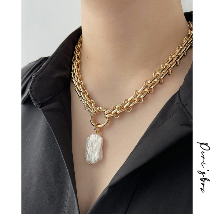Peri'sBox Large Square Natural Freshwater Pearl Pendant Chunky Chain Necklace for Women Vintage Elegant Baroque Pearls Necklaces – Bild 2
