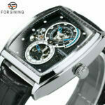 Forsining Militär-Sportuhr für Herren automatisch mechanisch Skelett schwarze Hilfszifferblätter leuchtende Uhr Lederarmband