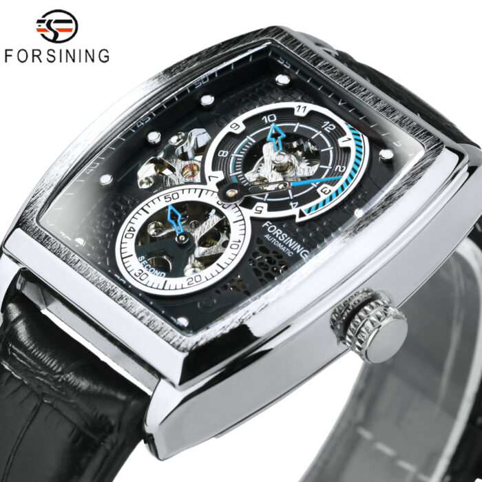 Forsining Militär-Sportuhr für Herren automatisch mechanisch Skelett schwarze Hilfszifferblätter leuchtende Uhr Lederarmband – Bild 1