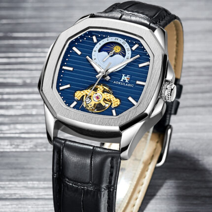 Automatische Mechanische Uhr Herren Armbanduhr Militärsport Automatikuhr Leder Armband