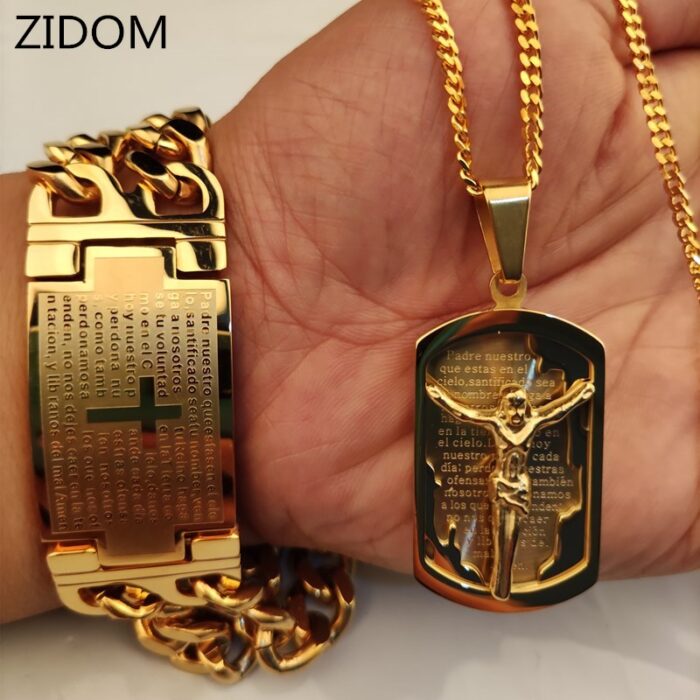 Men Hip hop cross jesus pendant with stainless steel cross bracelet never fade male vintage Hiphop necklace fashion jewelry – Bild 1