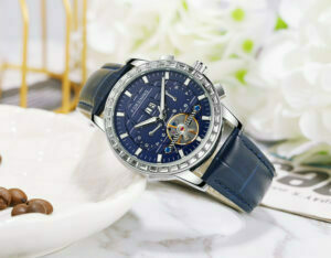 FORSINING Herrenuhren Luxus Automatische Mode Blau Echtes Lederband Display Kalender Armbanduhr – Bild 2