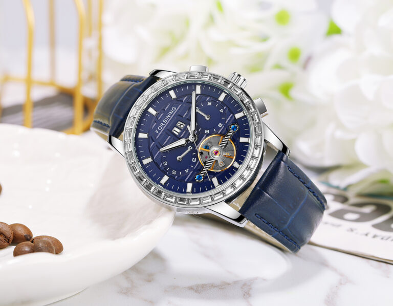FORSINING Herrenuhren Luxus Automatische Mode Blau Echtes Lederband Display Kalender Armbanduhr – Bild 2
