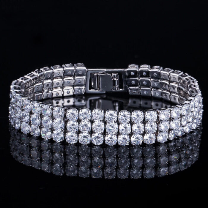 CWWZircons 3 Row Round Shiny Cubic Zirconia Stone Silver Color Luxury Big Wide Bridal Bracelets for Women Wedding Jewelry CB064 – Bild 1