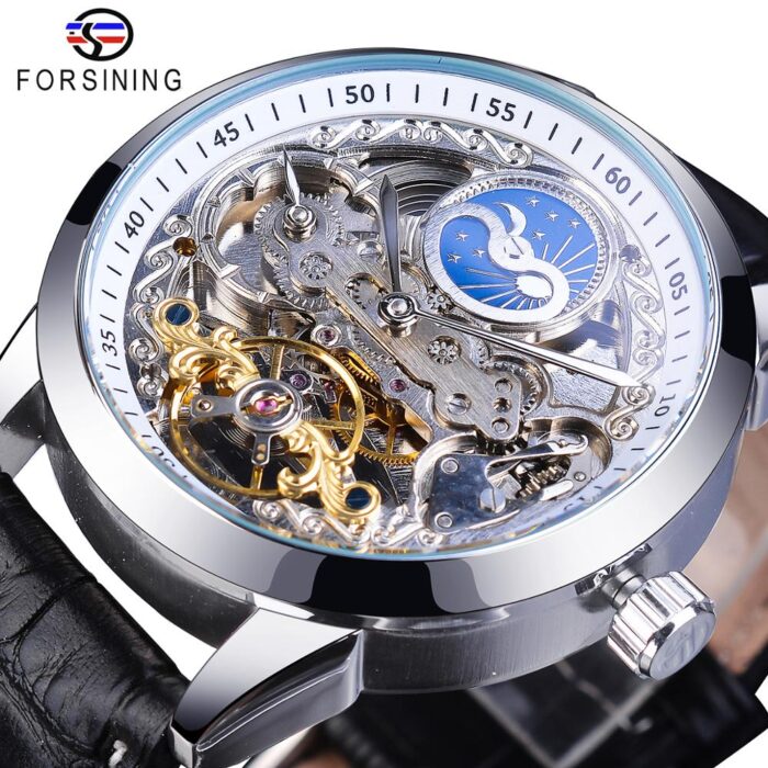 Forsining Automatische Mechanische Herrenuhr Lederband Mondphase Wasserdichte Business Armbanduhren – Bild 1