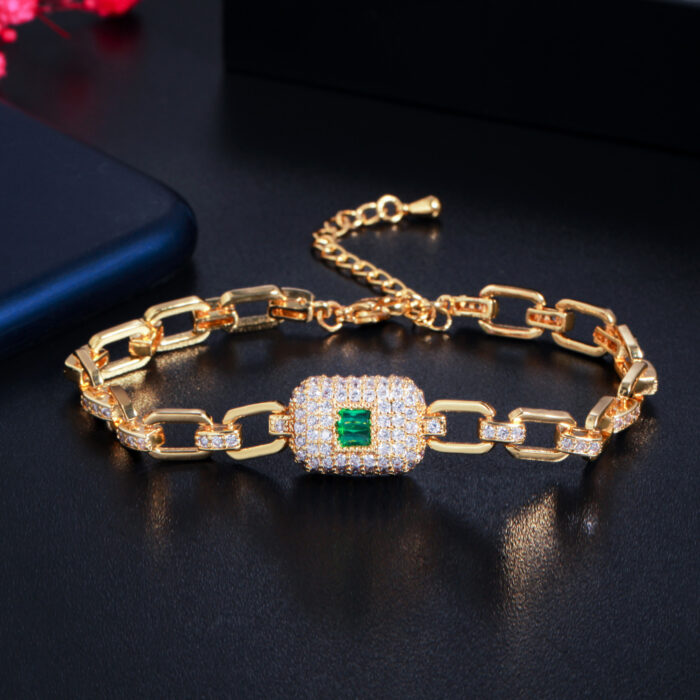 CWWZircons Delicate Yellow Gold Color Green Cubic Zirconia Bracelets for Women Trendy Cuban Link Chain Jewelry Accessories CB258 – Bild 2