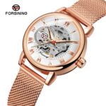 Ladies Fashion Rose Gold Mesh Belt Skeleton Women Mechanical Watches
