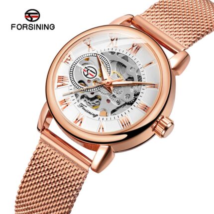 Ladies Fashion Rose Gold Mesh Belt Skeleton Women Mechanical Watches