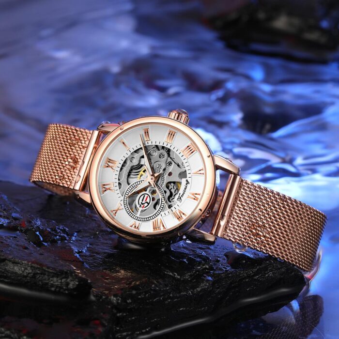 Ladies Fashion Rose Gold Mesh Belt Skeleton Women Mechanical Watches – Bild 5