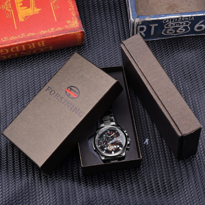 Forsining Schwarzes Zifferblatt Automatische Mechanische Uhr Wasserdichte Armbanduhren Edelstahlband Militäruhren – Bild 6