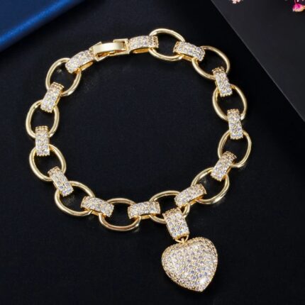 CWWZircons Love Heart Charm CZ Cubic Zirconia Yellow Gold Bohemian Link Chain Bracelets for Women Femme Fashion Jewelry CB200