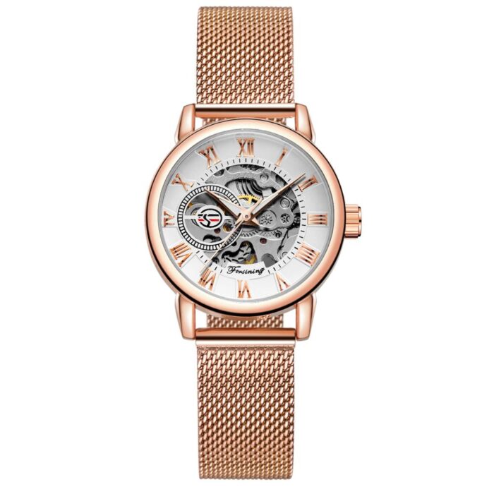 Ladies Fashion Rose Gold Mesh Belt Skeleton Women Mechanical Watches – Bild 2