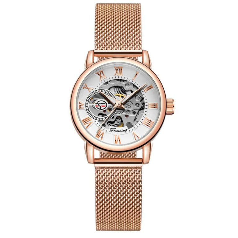 H8d11fec9c8374640a955b51d81e3b5981.jpg Ladies Fashion Rose Gold Mesh Belt Skeleton Women Mechanical Watches – Bild 2