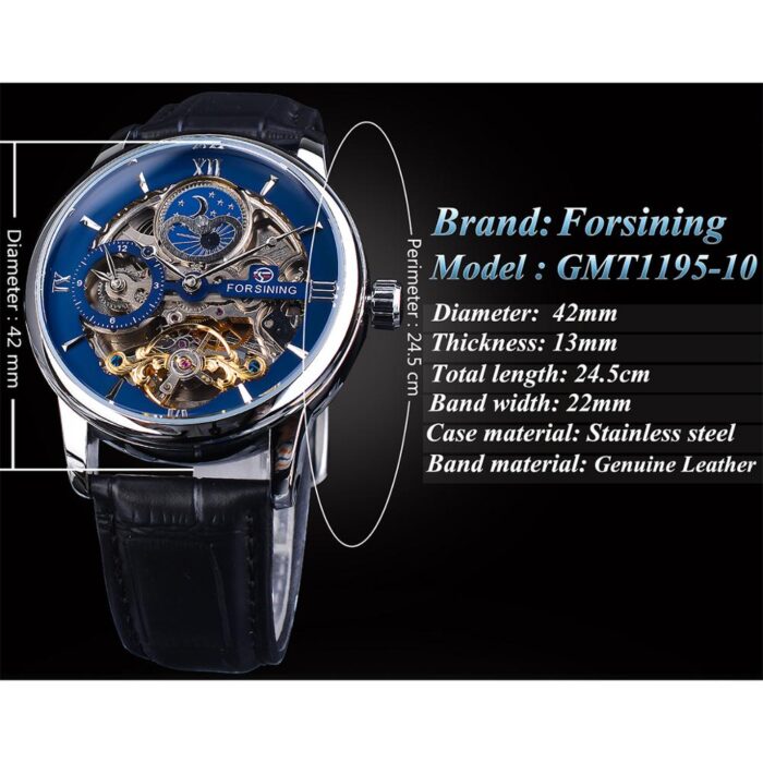 Forsining Automatikuhr Mechanische Uhr Blau Wasserdichtes Lederband Mondphase Luxus Skelett – Bild 4