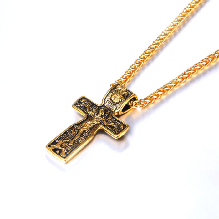 Kruzifix Jesus Kreuz Anhänger & Halsketten Gold Farbe Edelstahl Kette Vintage Katholischen Kirche Religiöse Männer Schmuck – Bild 3