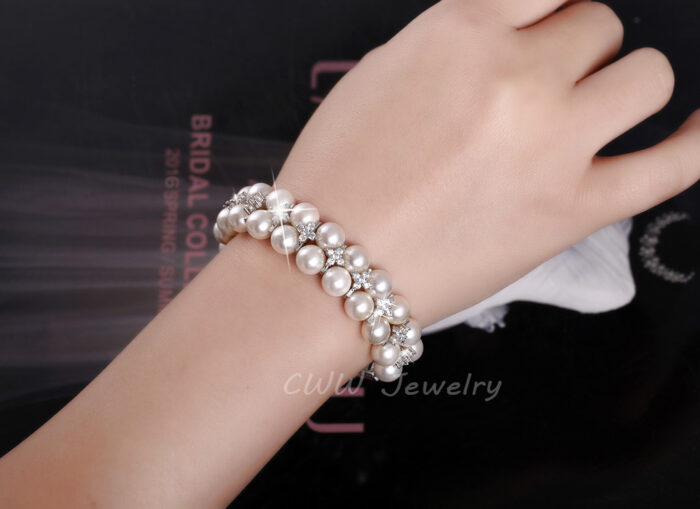 CWWZircons Handmade Wedding Pearl Jewelry Double Rows Cubic Zirconia Setting Big Bridal Bracelets Bangle for Women CB157 – Bild 6