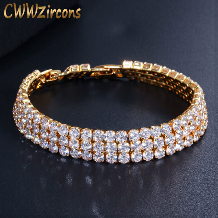 CWWZircons 3 Row Iced Hip Hop Yellow Gold Color Bling Cubic Zirconia Tennis Bracelet for Men Luxury Punk Jewelry Gift CB048 – Bild 2