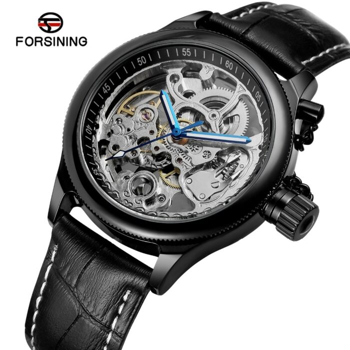 Forsining männer Luxus Top Marke Automatische Selbst wind Skeleton Anglogue Zifferblatt Uhr Mit Echtem Leder Band Beste Geschenk gold Uhr – Bild 5