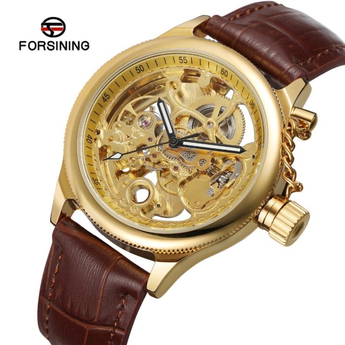 Forsining männer Luxus Top Marke Automatische Selbst wind Skeleton Anglogue Zifferblatt Uhr Mit Echtem Leder Band Beste Geschenk gold Uhr – Bild 2
