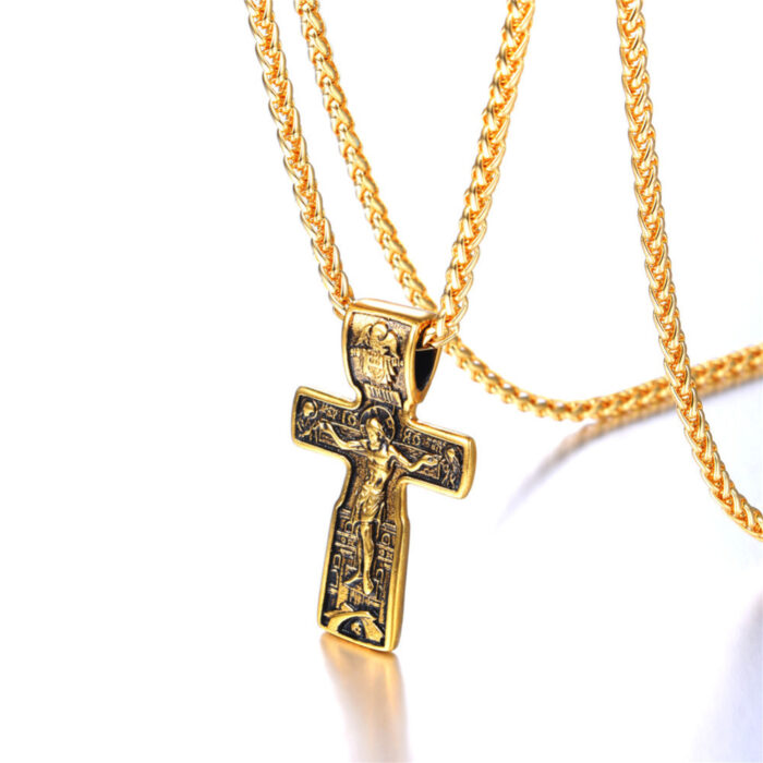 Kruzifix Jesus Kreuz Anhänger & Halsketten Gold Farbe Edelstahl Kette Vintage Katholischen Kirche Religiöse Männer Schmuck – Bild 2