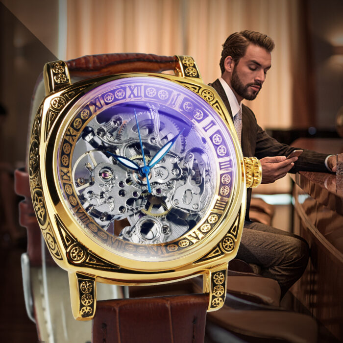 Skelettuhr für Männer Mechanische Armbanduhren Goldenes graviertes Gehäuse Lederband Leuchtend – Bild 4