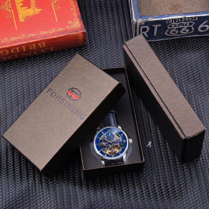 Forsining Automatikuhr Mechanische Uhr Blau Wasserdichtes Lederband Mondphase Luxus Skelett – Bild 6