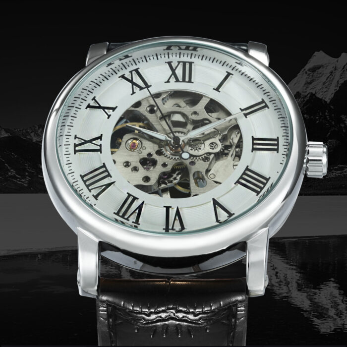 Automatikuhr Klassische Mechanische Uhr Klassische Armband Uhr Skelett Leder Band – Bild 2