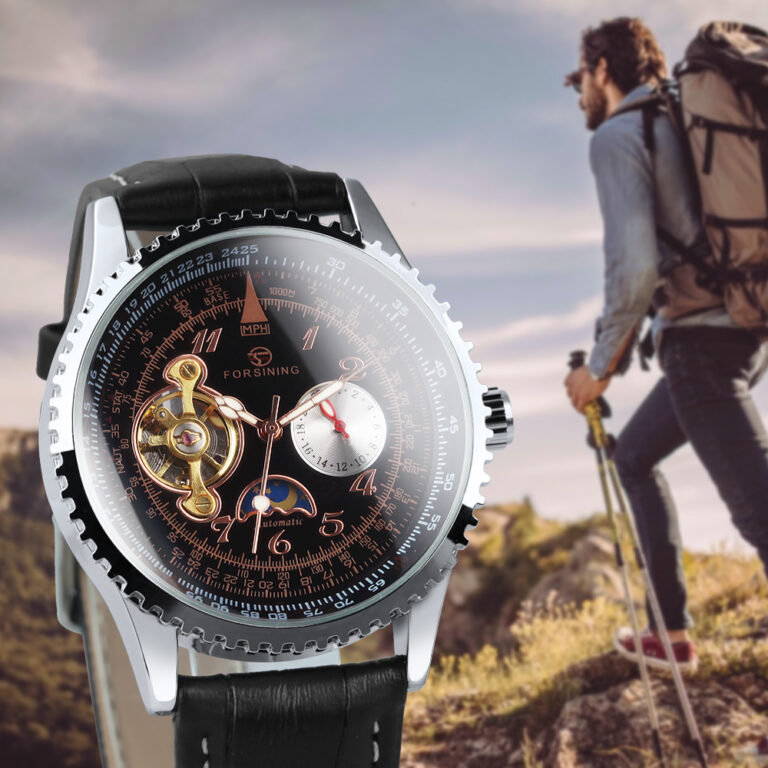 Forsining Automatische Mechanische Uhr für Männer Retro Mond Phase Sub-Dials Leder Armband Leucht Männliche Uhren – Bild 3