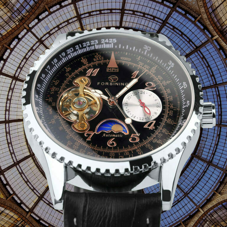 Forsining Automatische Mechanische Uhr für Männer Retro Mond Phase Sub-Dials Leder Armband Leucht Männliche Uhren – Bild 2