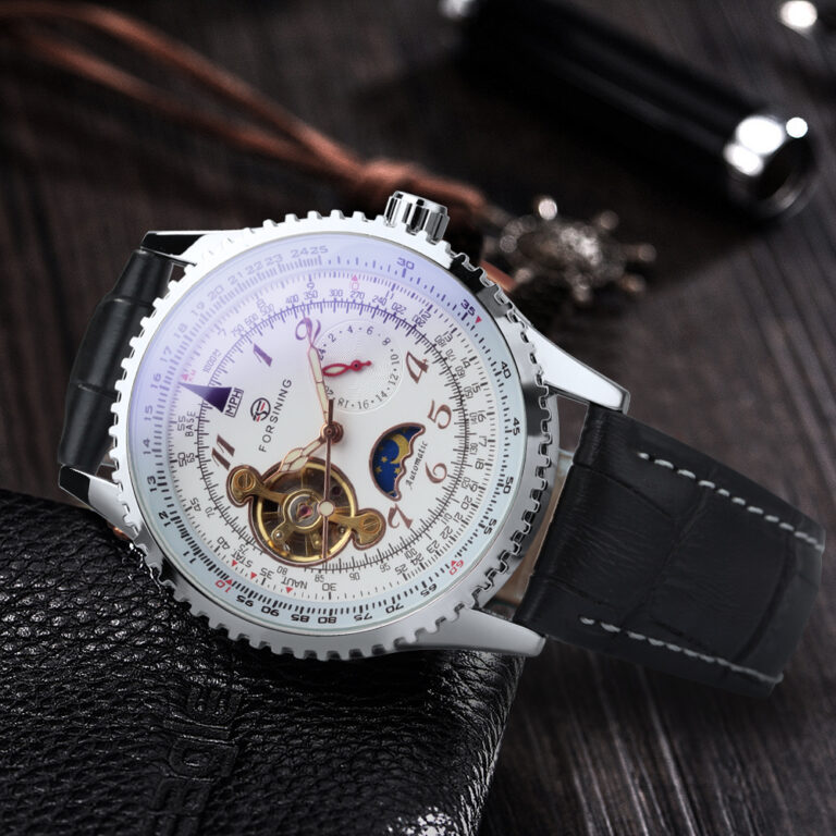 Forsining Automatische Mechanische Uhr für Männer Retro Mond Phase Sub-Dials Leder Armband Leucht Männliche Uhren – Bild 4