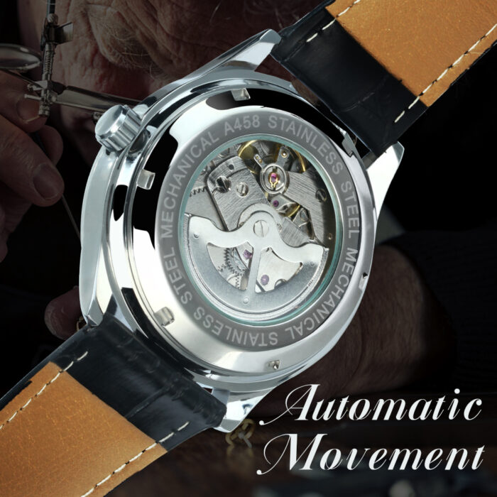 Herrenuhr Automatische Mechanische Uhr Lederband Weißes Zifferblatt Kalender Datum Klassische – Bild 5