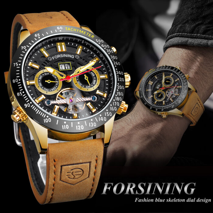 Forsining Chronograph Automatik Herren Militäruhr Hohle mechanische Armbanduhr 3bar Echtes Leder Herren Uhren – Bild 3