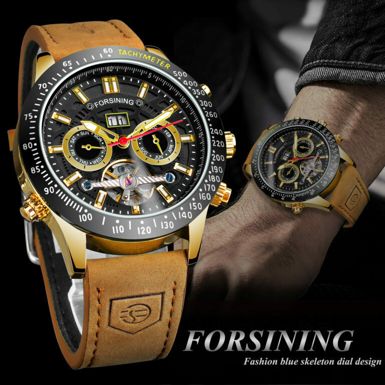 Forsining Chronograph Automatik Herren Militäruhr Hohle mechanische Armbanduhr 3bar Echtes Leder Herren Uhren – Bild 3