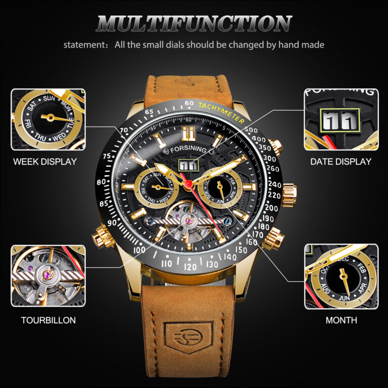 Forsining Chronograph Automatik Herren Militäruhr Hohle mechanische Armbanduhr 3bar Echtes Leder Herren Uhren – Bild 4