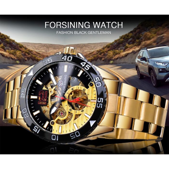 Forsining Goldene Mechanische Herrenuhr Armbanduhr Mode Skeleton Automatische Uhr – Bild 2