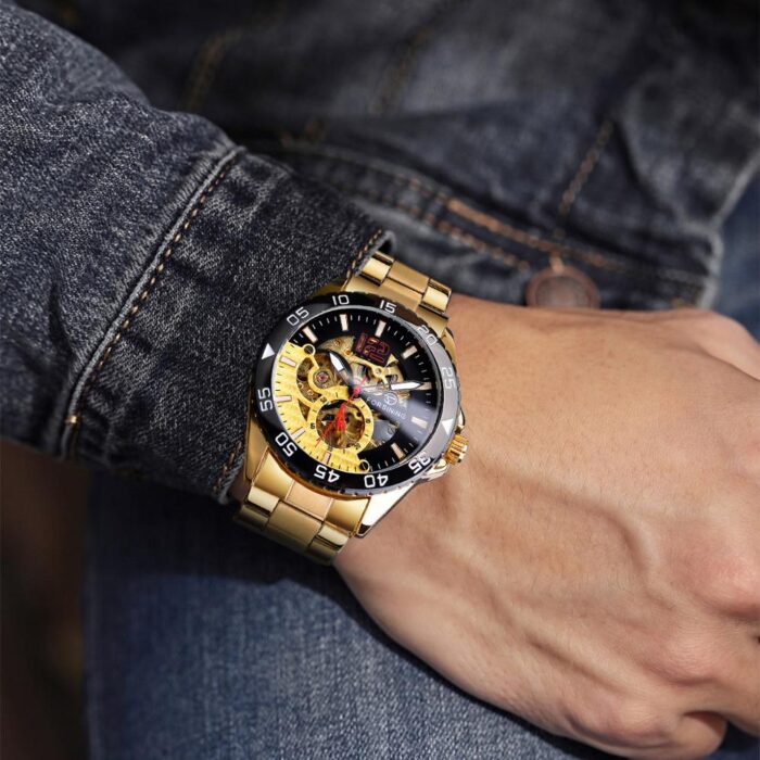 Forsining Goldene Mechanische Herrenuhr Armbanduhr Mode Skeleton Automatische Uhr – Bild 5