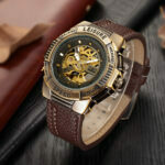 Automatische Herrenuhr Mechanische Skelett Uhr Armbanduhr Leder Band Armee Stil – Bild 2