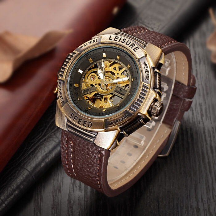 Automatische Herrenuhr Mechanische Skelett Uhr Armbanduhr Leder Band Armee Stil – Bild 2