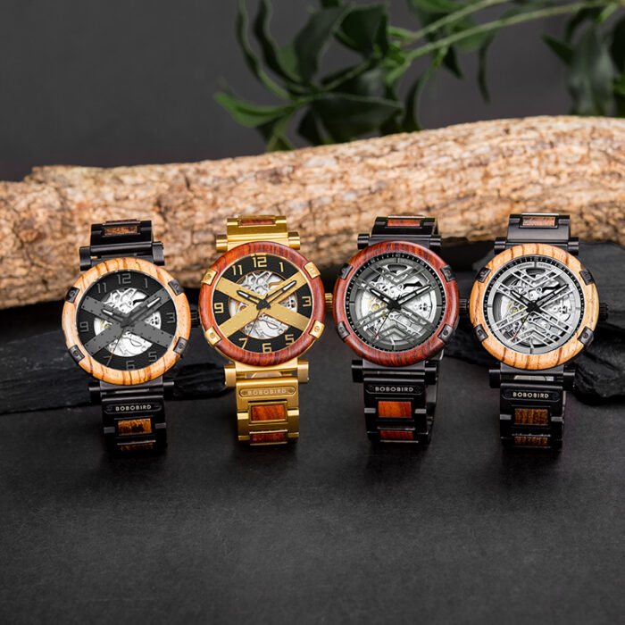 Herren Holzuhr mit Edelstahl Automatische Mechanische Skelett Armbanduhr 45 mm – Bild 5