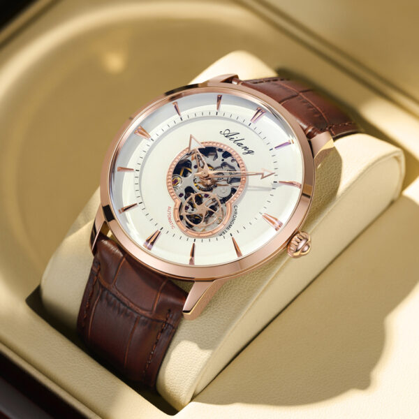 Herrenuhr Automatische Armbanduhr Lederband Sport Uhr Dünne Skelett