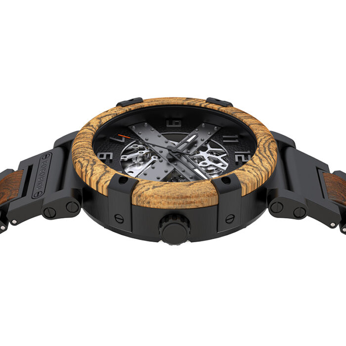 Herren Holzuhr mit Edelstahl Automatische Mechanische Skelett Armbanduhr 45 mm – Bild 3