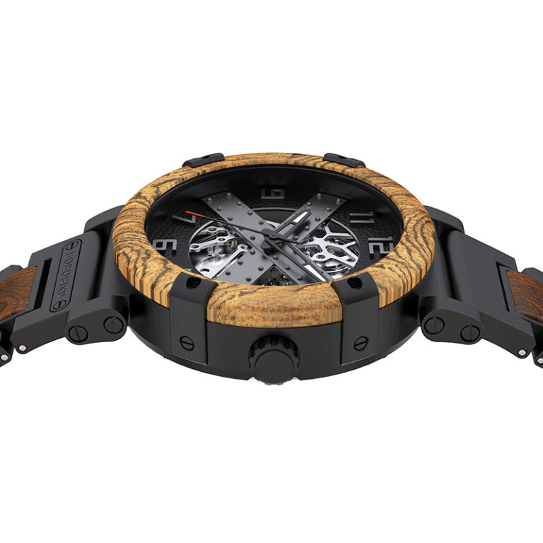 Herren Holzuhr mit Edelstahl Automatische Mechanische Skelett Armbanduhr 45 mm – Bild 3