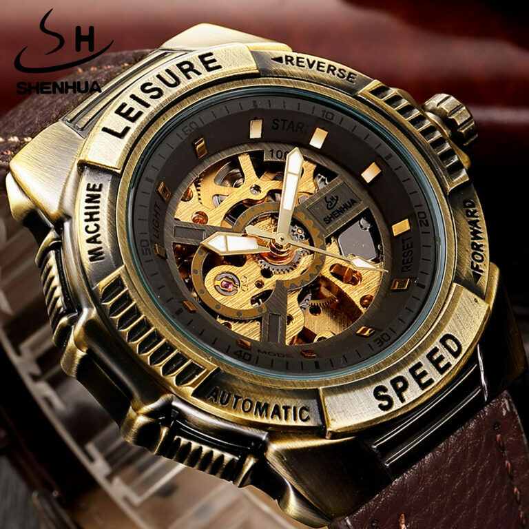 Automatische Herrenuhr Mechanische Skelett Uhr Armbanduhr Leder Band Armee Stil – Bild 1