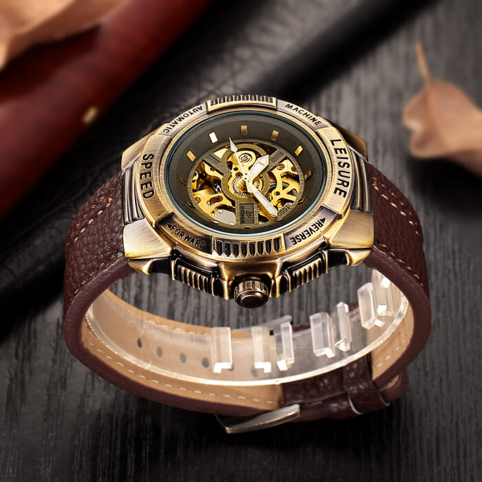 Automatische Herrenuhr Mechanische Skelett Uhr Armbanduhr Leder Band Armee Stil – Bild 4